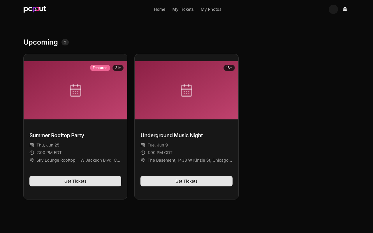 PopOutNow homepage showing upcoming events